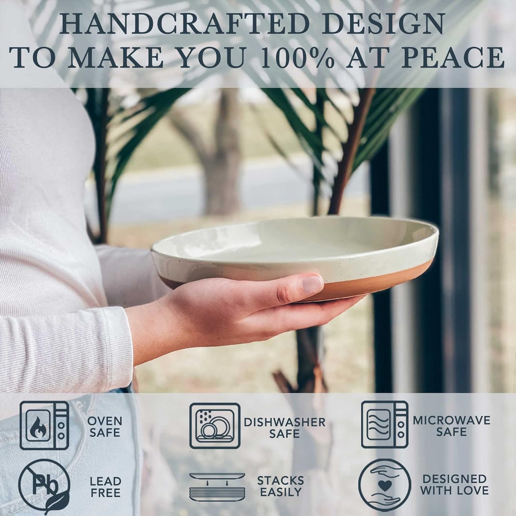 MORA Ceramic Flat Pasta Bowl Set of 4-35oz  Microwave Safe Plate with High Edge - Modern Porcelain Dinnerware for Kitchen and Eating  Large Wide Bowls/Plates for Serving Dinner  Salad  etc- Neutrals