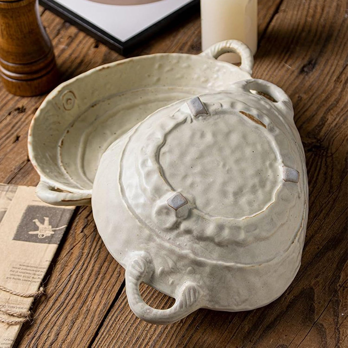 Free-Form Edge Small Ceramic Bowl with Handles  Retro Distressed Style Glazed for Fruit Bowl Salad Bowl Table Centerpiece Decor