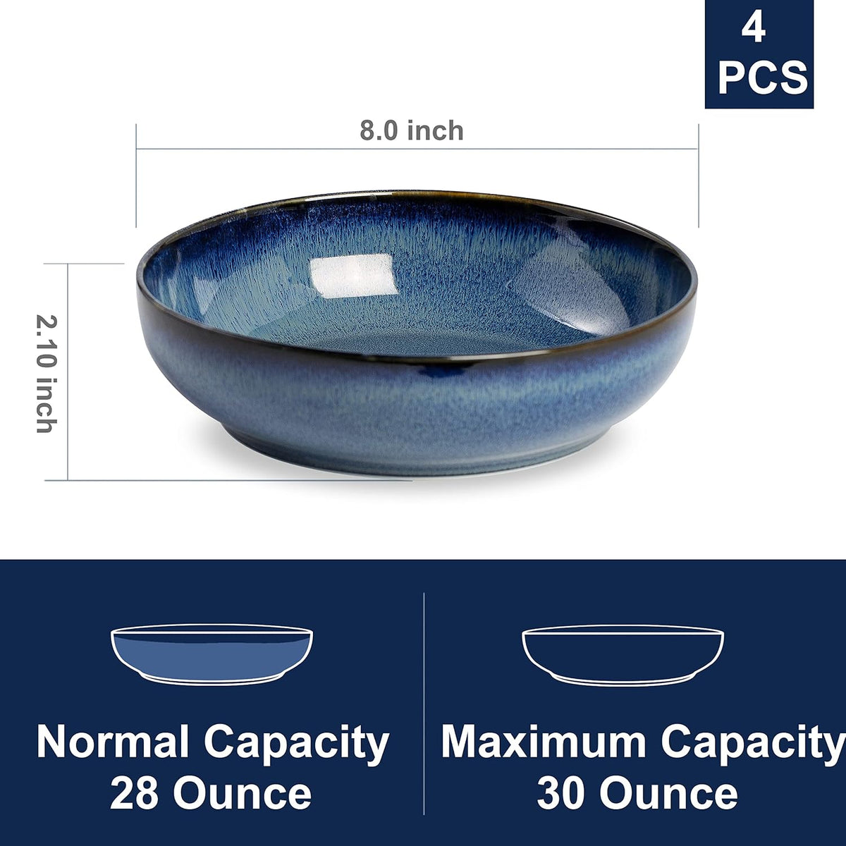 30oz Ceramic bowls set of 4-8" serving bowls for Kitchen Pasta Salad-Dishwasher & Microwave Safe Perfect for Housewarming  Thanksgiving  Christmas-Royal Blue