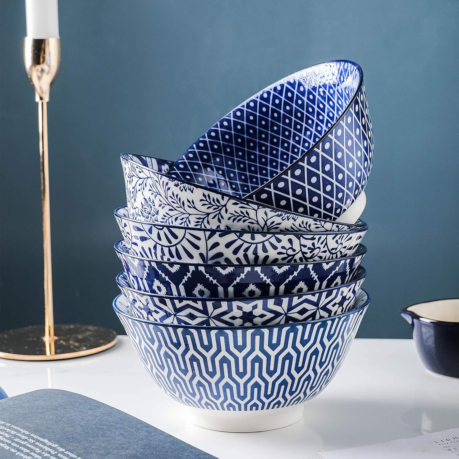 Selamica Blue and White Porcelain 20oz Cereal Bowl Set - Set of 6  6 inch Soup Bowls  Ceramic bowls for Cereal  Soup  Salad and Pasta  Vintage Blue