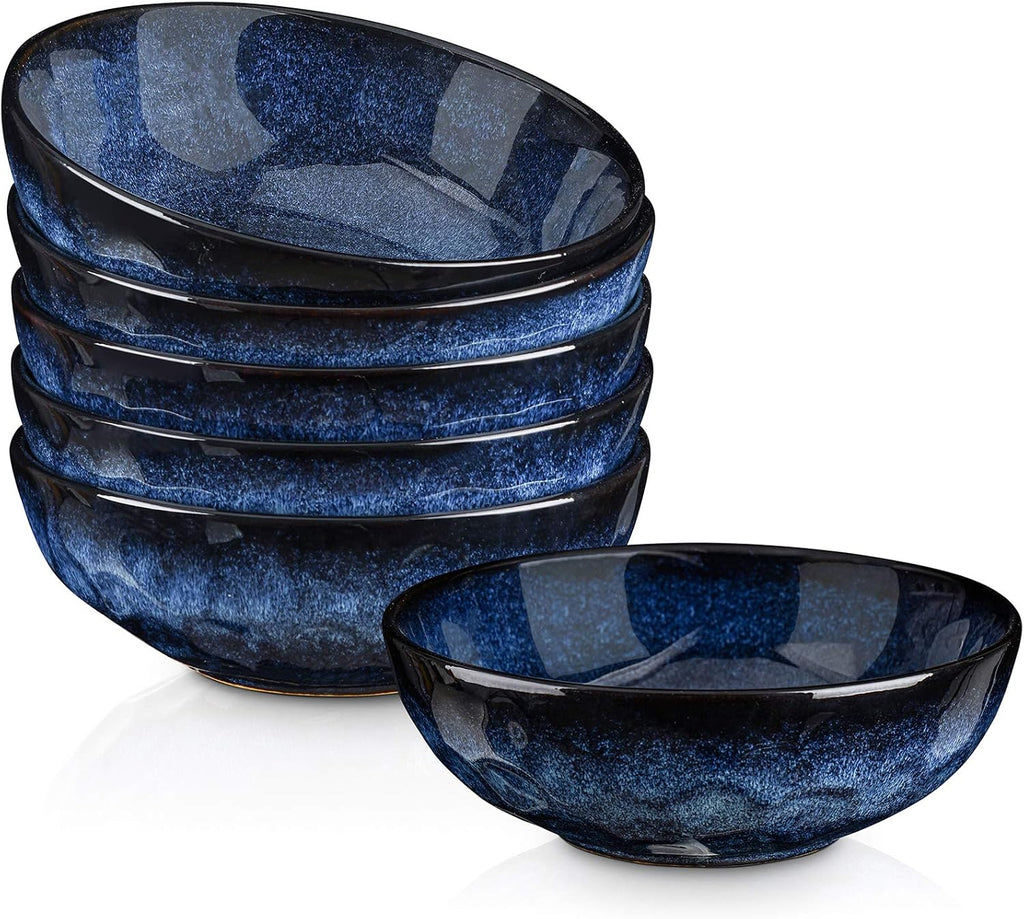 vicrays Ceramic Salad Bowls Set for Kitchen  Serving - 32 Ounce Soup Bowls  Pasta Bowls  Chip Resistant  Dishwasher Microwave Safe  Large  Fluted  stoneware  Set of 6 (Blue)